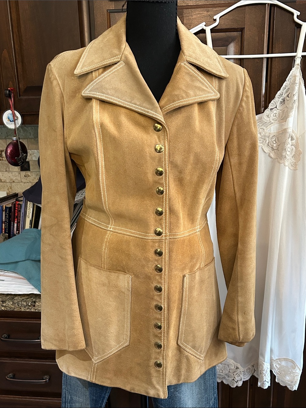 Suede Long Coat - Tan Women's Jacket - Picture 3 of 8